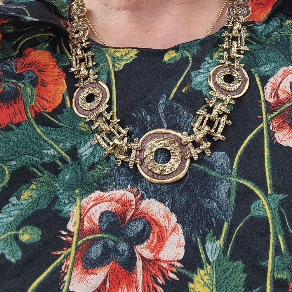 Hammered yellow metal circles and window necklace and earrings set